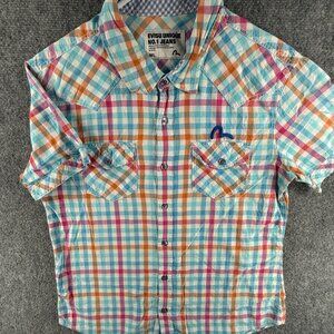 EVISU Short Sleeve Colorful Button Up Shirt Men Medium Large Embroidered Logo